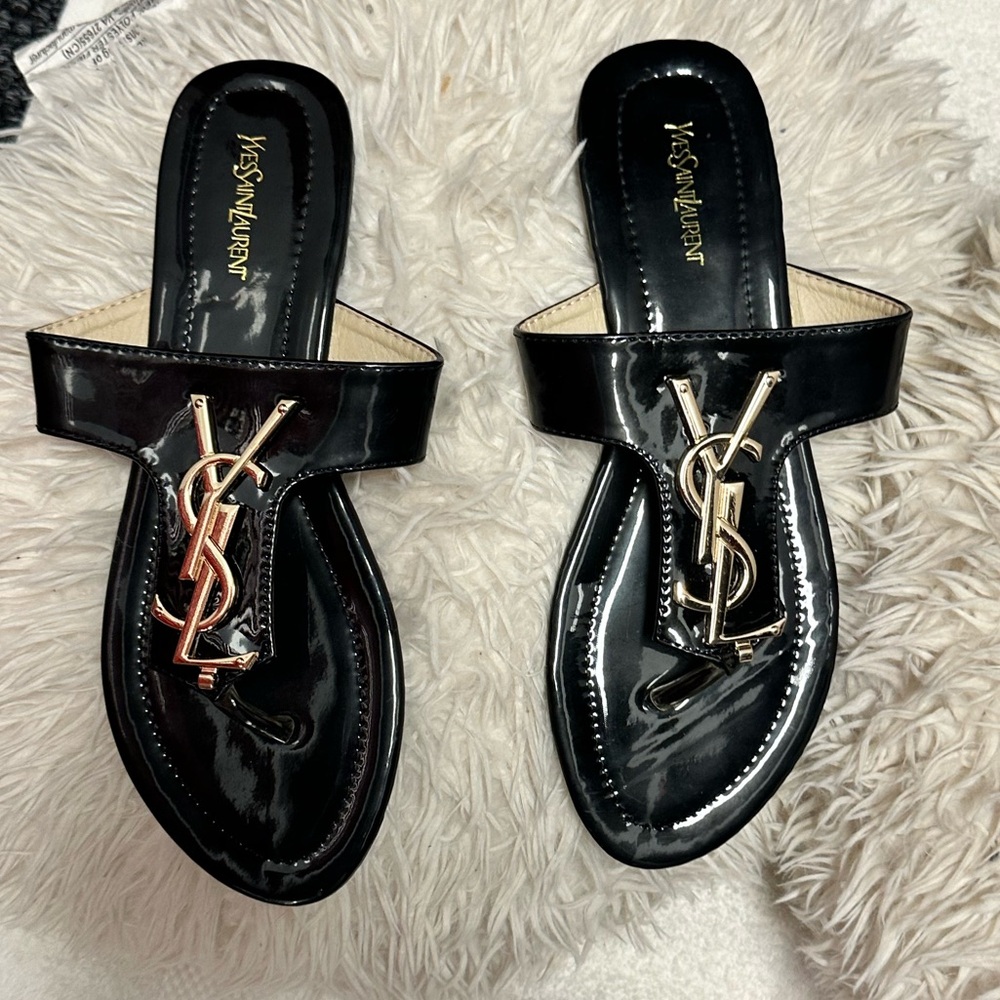 Yves Saint Laurent Black Patent Leather Sandals with Gold Logo